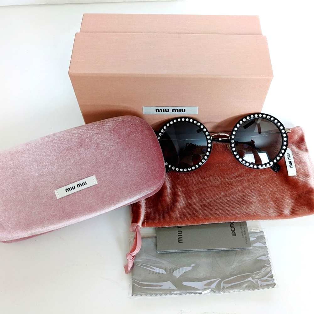MIU MIU Retro Round Rhinestone Studded Sunglasses Black Délice Y2K - Picture 7 of 17
